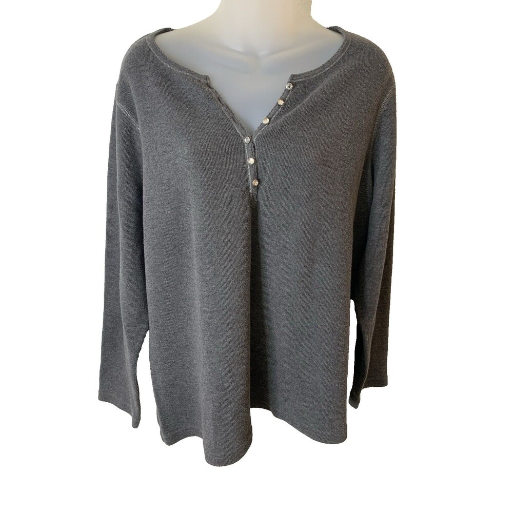 Classic Elements Henley Rhinestones Buttons Women's 16-18W Long Sleeve Dark Gray